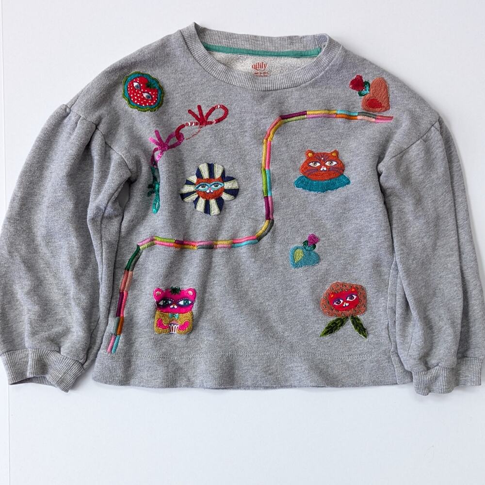 Oilily Believe Sweater Gray Sequins & Embroidery Crewneck | Girls 7 / 122cm